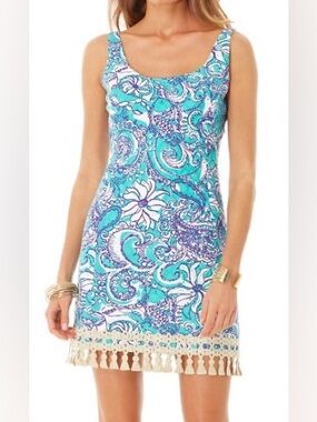 Lilly Pulitzer Eaton Mini Shift Dress Montauk Seafoam Paisley Gold Tassel Hem